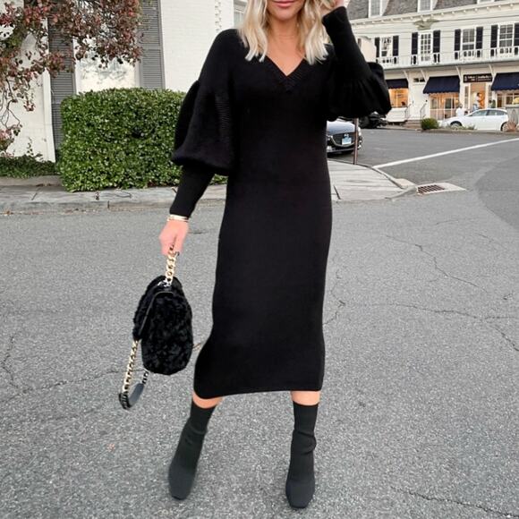 Express Women's Balloon Sleeve Black V Neck Ribbed Knit Midi Sweater Dress Sz M - Picture 1 of 5